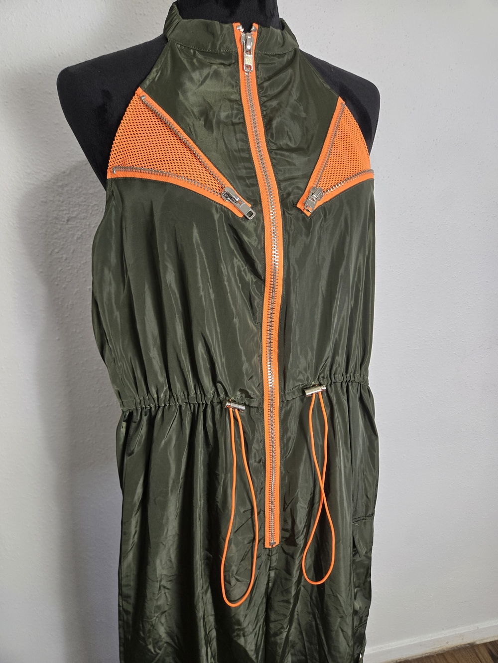 Olive Green Halter Jumpsuit with Neon Orange Trim Parachute Medium - Picture 3 of 5